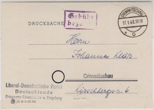 SBZ - Crimmitschau 1948 Gebühr bezahlt Ra2 Ortsbrief/Drucksache Einladung LDPD