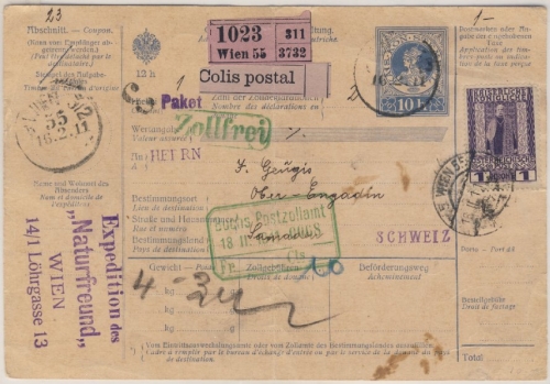 Österreich - Wien 1911 10 H. Paketkarte Zusatzfrankatur i.d. SCHWEIZ
