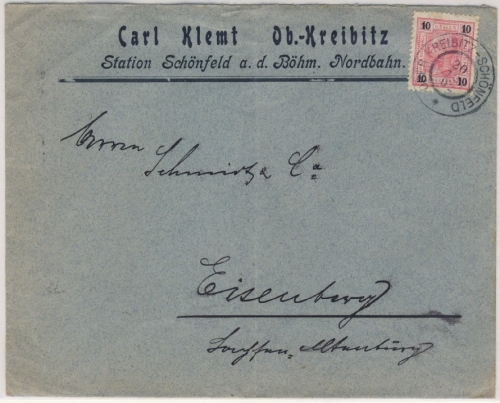 Österreich - Ober-Kreibitz-Schönfeld 1902 K2 a. Brief (Vordruck) n. Eisenberg