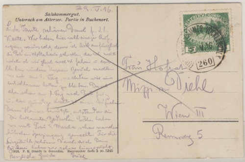 Österreich - Bahnpost (Unterach)-Kammer-Vöcklabruck 260 Karte n. Wien 1916
