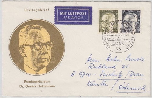 BRD - 1M.+5 Pfg. Heinemann Schmuck-FDC Luftpost n. ÖSTERREICH ESST Bonn 1970