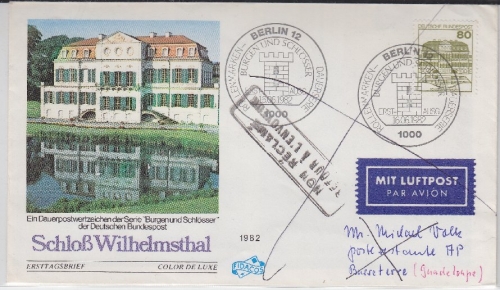Berlin - 80 Pfg. B&S Schmuck-FDC Luftpostdrucksache n. GUADALOUPE !! 1982 Retour