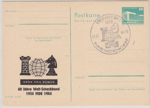 DDR - 10 Pfg. Bauten Ganzsache priv. Zudruck SST Rüdersdorf 1984 Schach