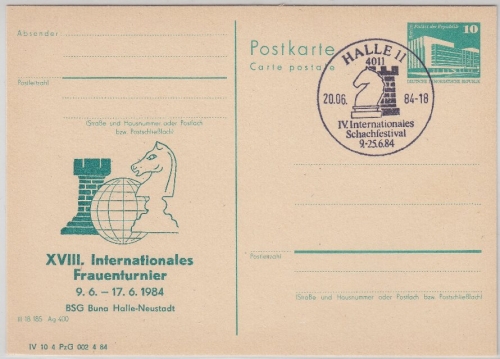 DDR - 10 Pfg. Bauten Ganzsache priv. Zudruck SST Halle Neustadt 1984 Schach