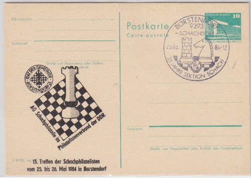DDR - 10 Pfg. Bauten Ganzsache priv. Zudruck SST Borstendorf 1984 Schach
