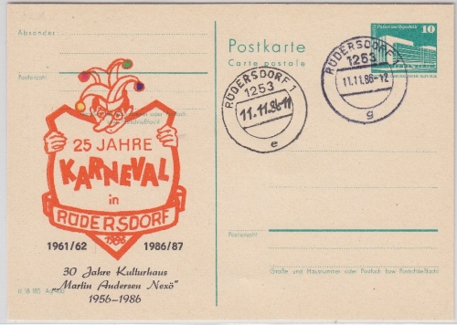 DDR - 10 Pfg. Bauwerke Ganzsache priv. Zudruck 25 Jahre Karneval Rüdersdorf 1986