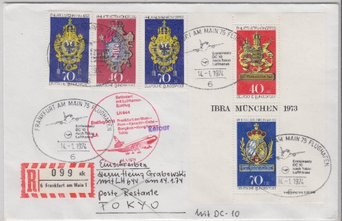 BRD - Lufthansa DC10 1st-Flug Frankfurt - Tokio Luftpost Einschreiben 1974