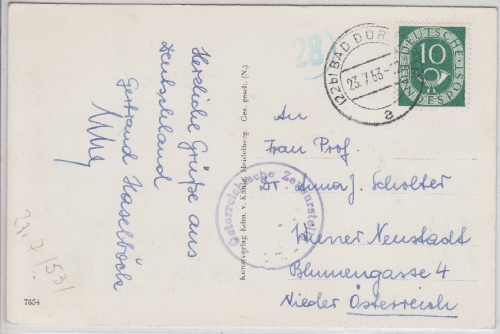 BRD - 10 Pfg Posthorn Touristengrusskarte n. ÖSTERREICH Bad Dürkheim 1953 Zensur