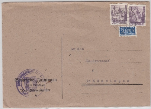 FZ-Württemberg - Zainingen über Urach Poststelle I Brief n. Münsingen 1949