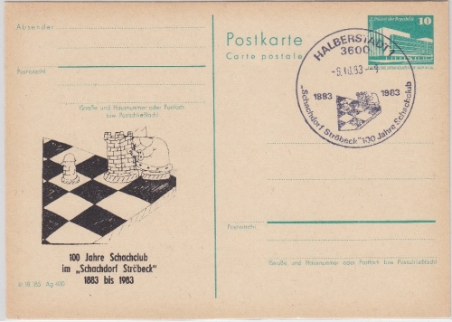 DDR - 10 Pfg. Bauten Ganzsache priv. Zudruck SST Halberstadt 1983 Schach