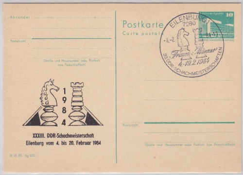 DDR - 10 Pfg. Bauten Ganzsache priv. Zudruck SST Eilenburg 1984 Schach