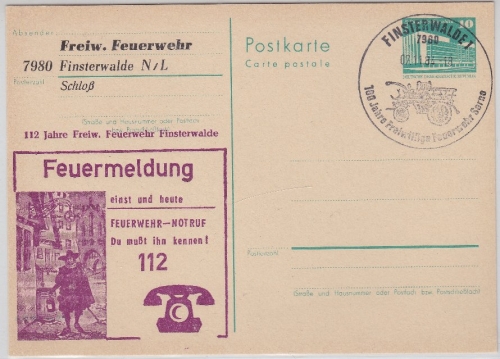 DDR - 10 Pfg. Bauten Ganzsache priv. Zudruck SST Finsterwalde 1984 Feuerwehr