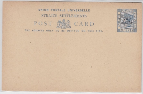 Straits Settlements - Two Cent/3 Cent Überdruck Ganzsache Postkarte ungebraucht