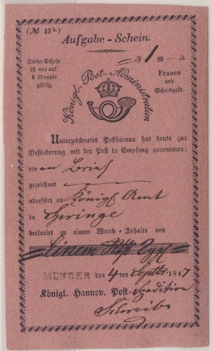 Hannover - Münder Einzeiler Aufgabeschein f. Wertbrief n. Springe 1847