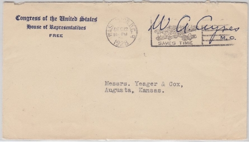 USA - Portofreier Brief Congress-Abgeordneter Washington - Augusta 1938 OU Ayres