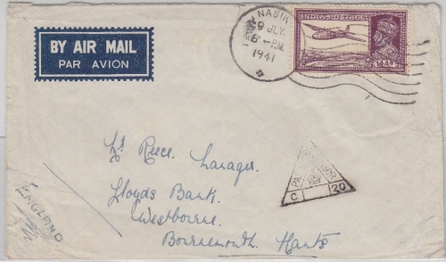 Indien - 14 A. Postflugzeug Luftpostbrief Nasik - ENGLAND 1941 Zensurstempel