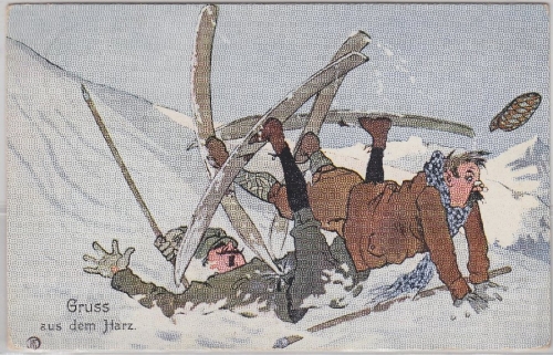 Skifahren Gruss a.d. Harz farb. Juxkarte Sanct Andreasberg Charlottenburg 1906