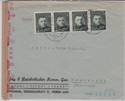 Slowakei - 50 H. Kinderhilfe 4er-Streifen Zensurbrief Pressburg - Kreuznach 1942