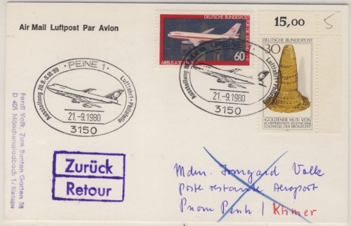 BRD - Luftpostkarte n. KAMBODSCHA Retour-Stempel SST Peine 1980