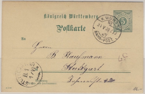Württemberg - K.Württ. Bahnpost No.47 Ganzsache v. Unterurbach - Stuttgart 1898