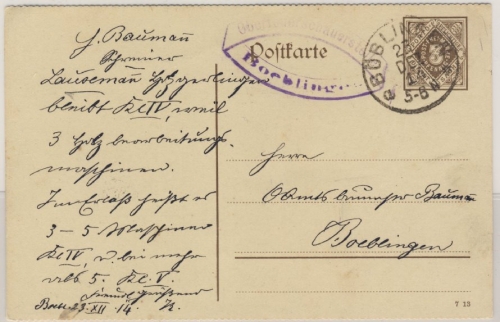 Württemberg - 3 Pfg. Ganzsache GEZÄHNT Ortskarte Böblingen 1914