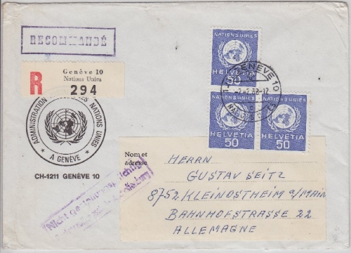 Schweiz - UNO 3x50 Rp. Emblem Einschreibebrief Genf - Kleinostheim 1988