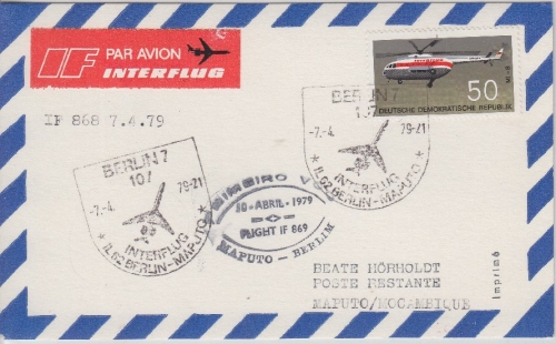 DDR - Interflug 1st-Flug Luftpostkarte Berlin - Maputo MOSAMBIQUE 1979