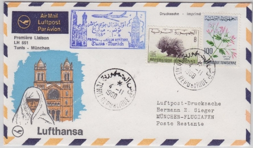 Tunesien - Lufthansa 1st-Flug Tunis - München Luftpostbrief 1968