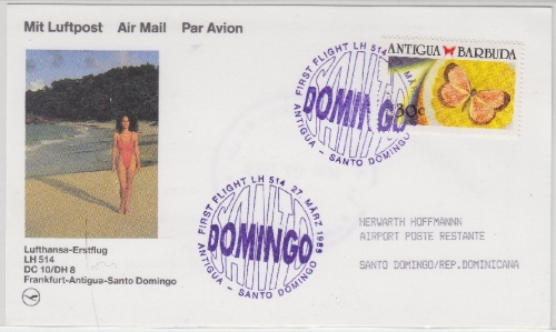 Antigua & Barbuda - Lufthansa 1st-Flug Antigua - S. Domingo Luftpostkarte 1989