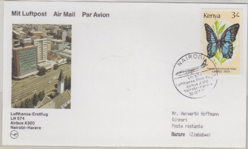 Kenya - Lufthansa 1st-Flug Nairobi - Harare Luftpostkarte 1989