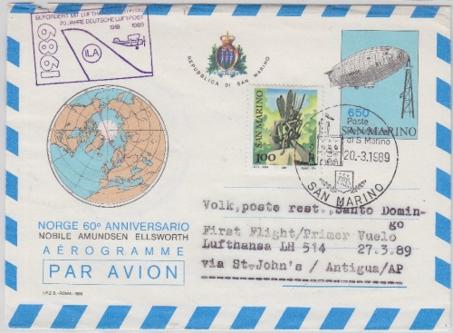 San Marino - Zuleitungspost Lufthansa 1st-Flug St. John's - S. Domingo 1989