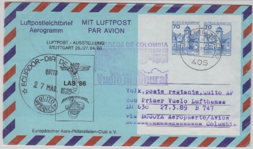 BRD - Zuleitungspost Lufthansa 1st-Flug Bogota - Quito 70+70 Pfg. B&S Privat-GA