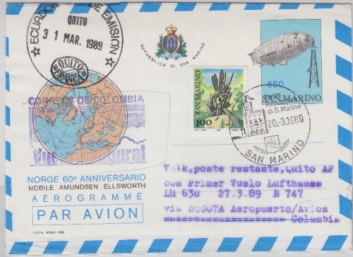 San Marino - Zuleitungspost Lufthansa 1st-Flug Bogota - Quito 1989 Aerogramme