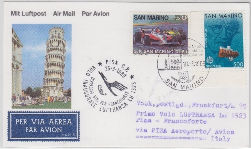 San Marino - Zuleitungspost Lufthansa 1st-Flug Pisa Frankfurt Luftpostkarte 1989