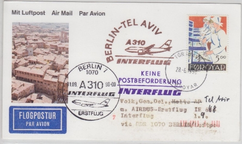 Färöer - Zuleitungspost Interflug 1st-Flug Berlin - Tel Aviv Luftpostkarte 1990