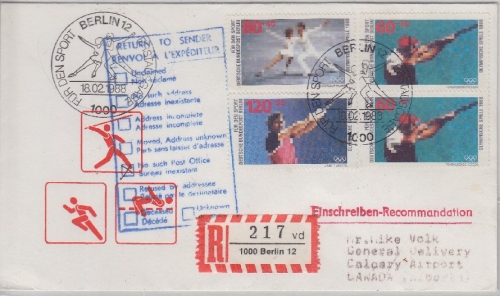 Berlin - Sporthilfe 1988 Luftpost Einschreibebrief/FDC n CANADA ESST Berlin 1988