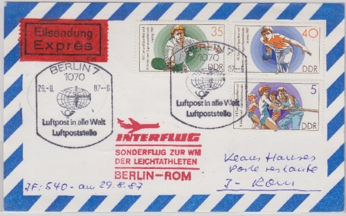 DDR - Leichtathletik-WM Interflug Sonderflug Berlin Rom Luftpost Eilkarte 1987