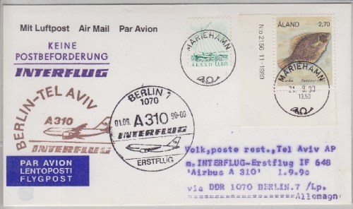 Aland - Zuleitungspost Interflug 1st-Flug Berlin- Tel Aviv Luftpostbrief 1990