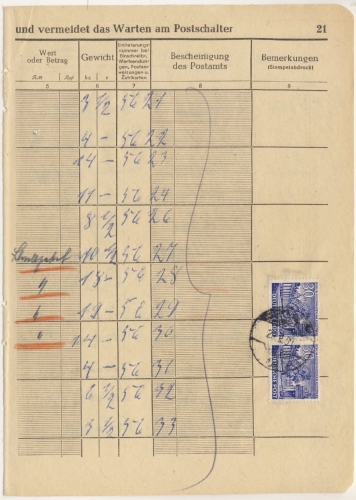 Berlin - 2x30 Pfg. Bauten Posteinlieferungsbuchseite Aufgabe v. 4 Paketen 1951