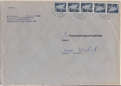 BRD - 5x500 Pfg. Industrie & Technik Zustellurkunde Kremperheide - Wedel 1988