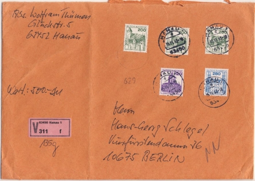 BRD - 3x200+120+280 Pfg. Burgen & Schlösser Wertbrief Hanau - Berlin 1993