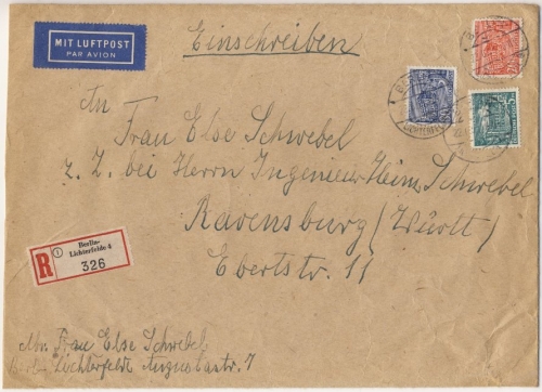 Berlin - 80+20+5 Pfg. Bauten I Luftpost Einschreibebrief 5.Gew.st. Lichterfelde