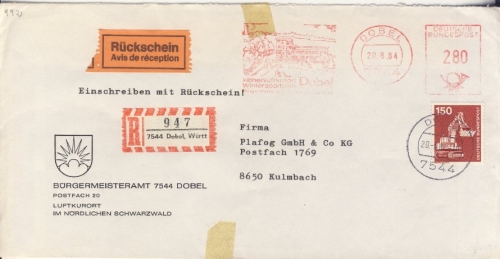BRD - 280 Pfg. AFS + 150 Pfg. I&T Einschreiben-Rückschein Dobel - Kulmbach 1984