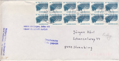 BRD - 12x5 Pfg. SWK Drucksachenbrief FDC Nauort - Straubing 15.2.90