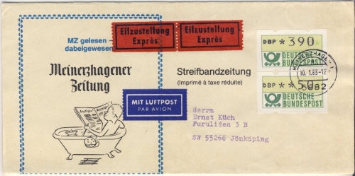 BRD - ATM 390+50 Pfg. ATM Lupo-Streifband Eilboten n. SCHWEDEN Meinerzhagen 1983