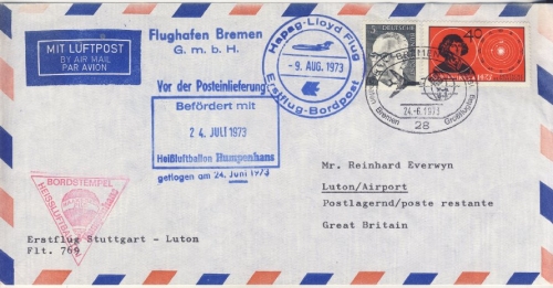 BRD - Ballonpost Bremen 1973 Zuleitung Hapag-Lloyd 1st-Flug Stuttgart - Luton