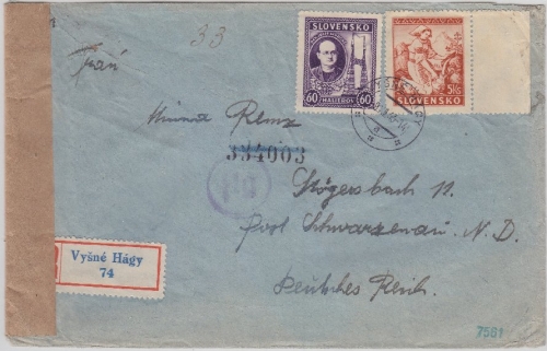 Slowakei - 5 Ks. Volkstrachten u.a. Zensurbrief Einschreiben Vysne Hagy 1943 n.