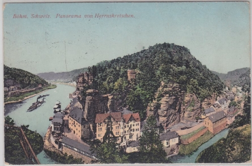 Böhmen - Herrnskretschen Hřensko Panorama farbige Ansichtskarte gelaufen 1921