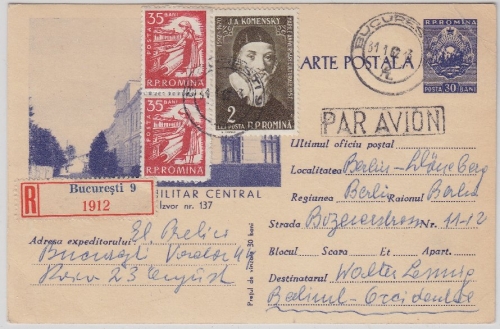 Rumänien - 30 B. Bild-GA+Zusatz Luftpostkarte Einschreiben Bukarest Berlin 1962