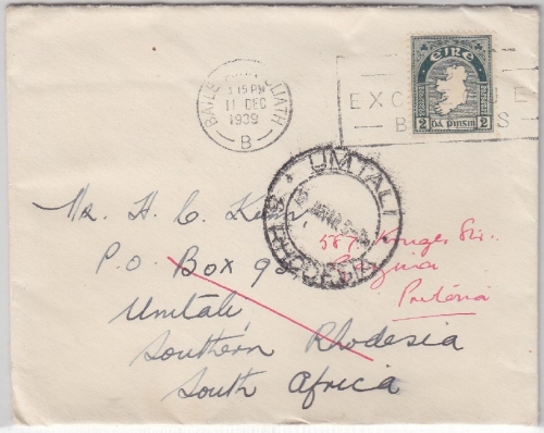 Irland - Baile Átha Cliath Dublin 1939 Brief n. RHODESIEN Weiterleitung PRÄTORIA